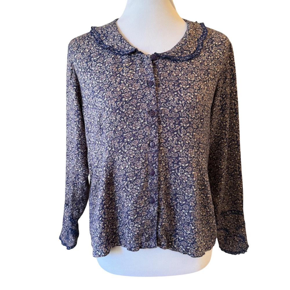 Vintage 90s April Cornell Blue Floral Rayon Blouse Small Cottagecore Peplum